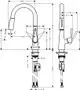 Hansgrohe-Küchenmischer in chrom mit ausziehbarer Brause. Technische Zeichnung zeigt Maße und Anschlüsse. Designs und Funktionen werden skizziert.